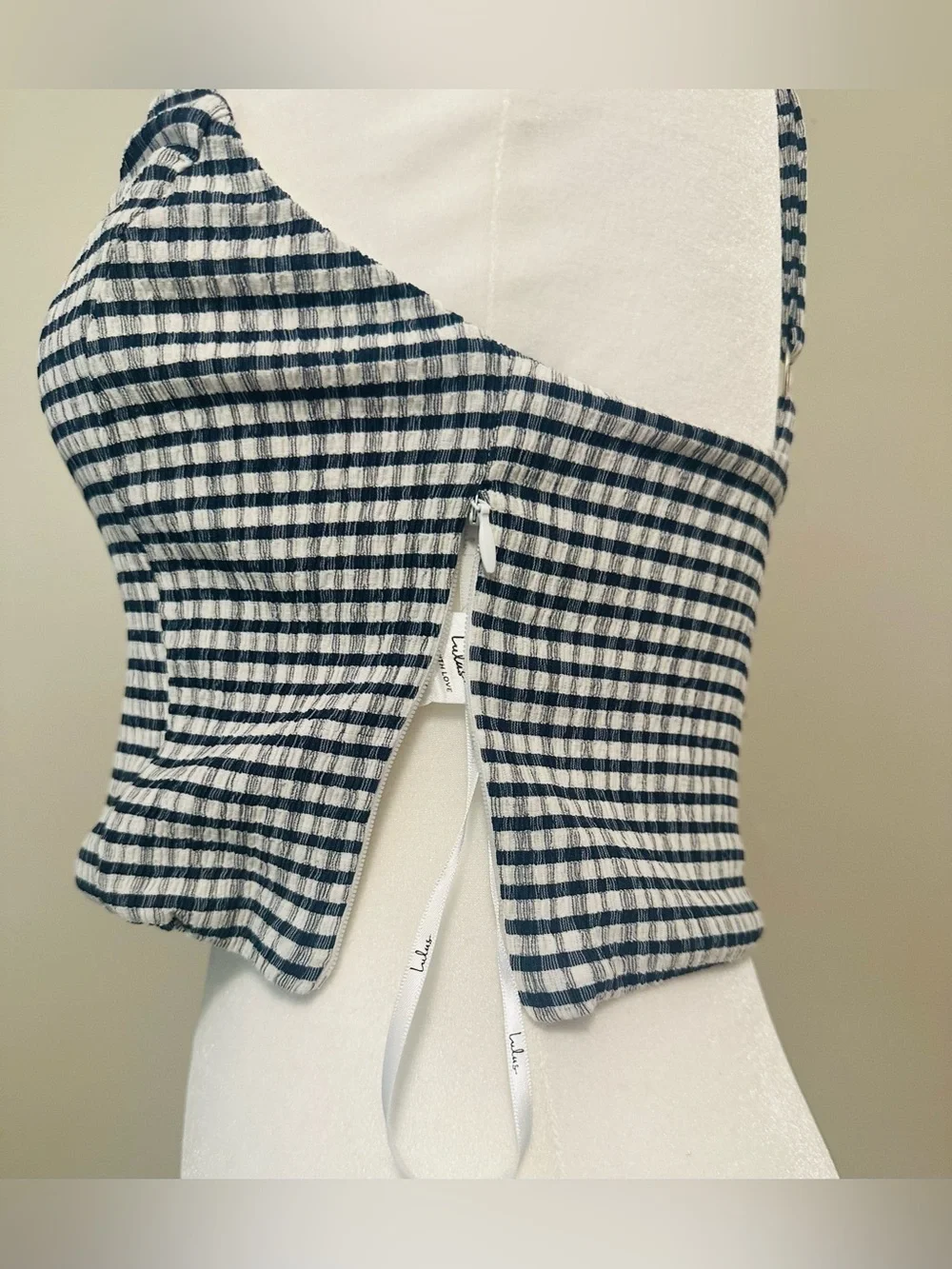 NWT Navy Blue Gingham Square Neck Cropped Tank Top - Small